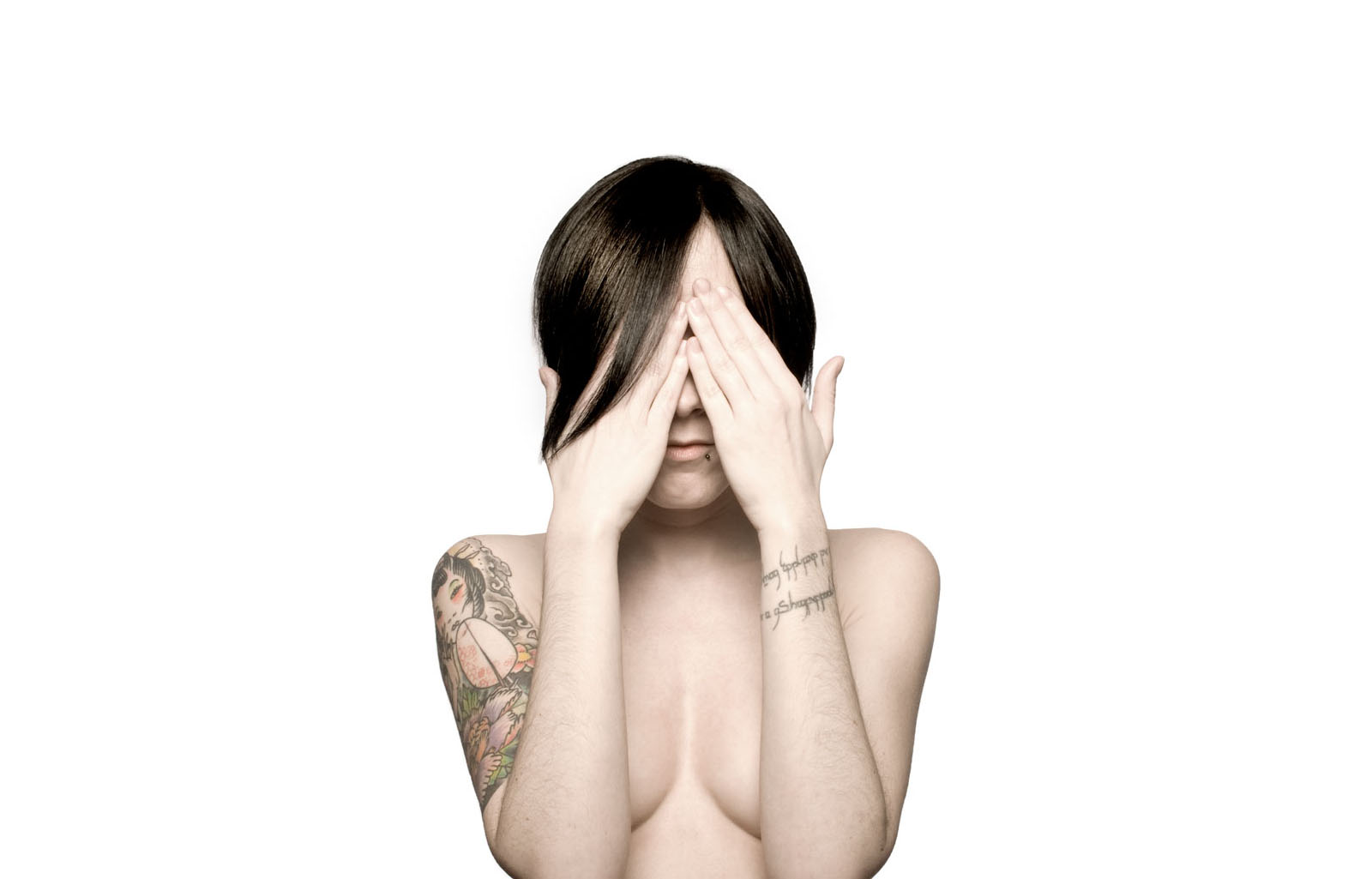 white wallpaper with topless tattoo girl