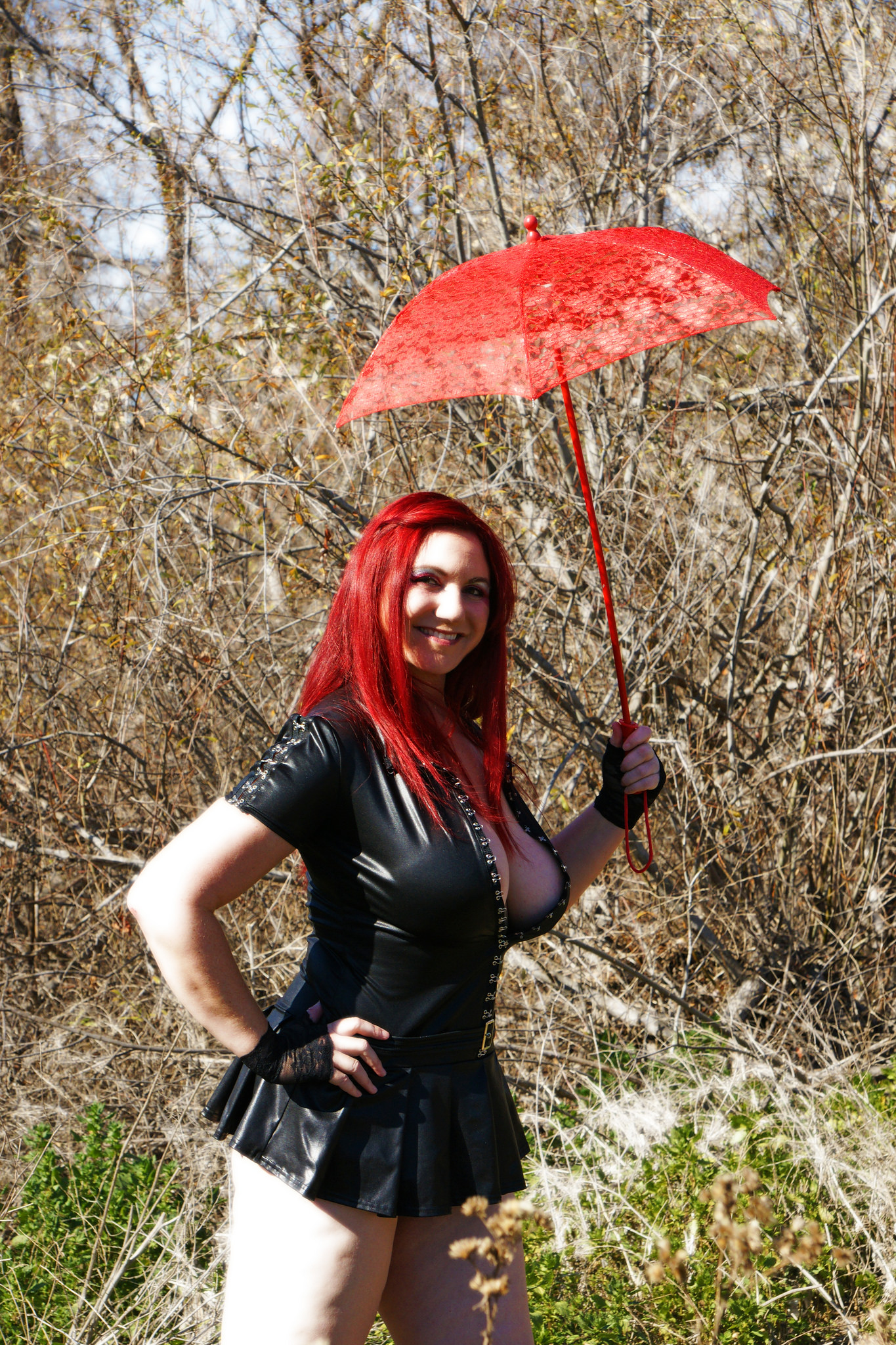 tiny red umbrella big cleavage